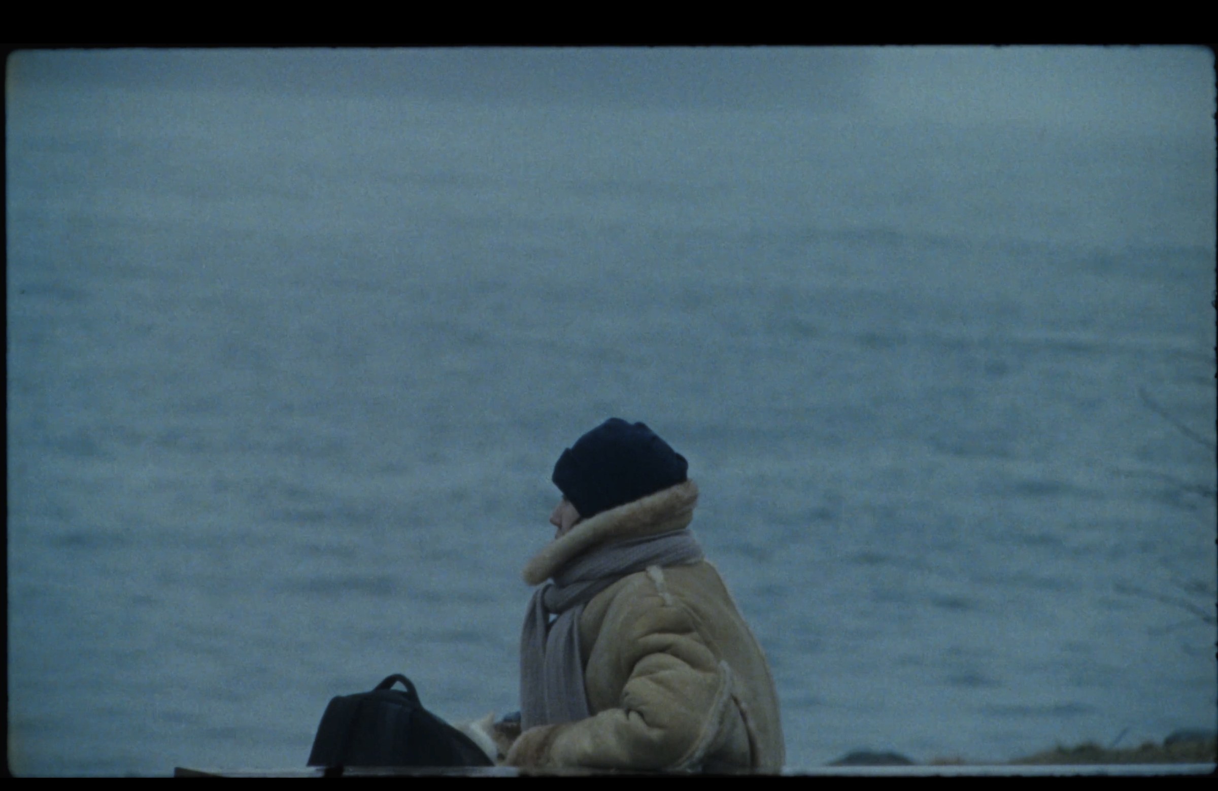 A person sitting by a cold sea